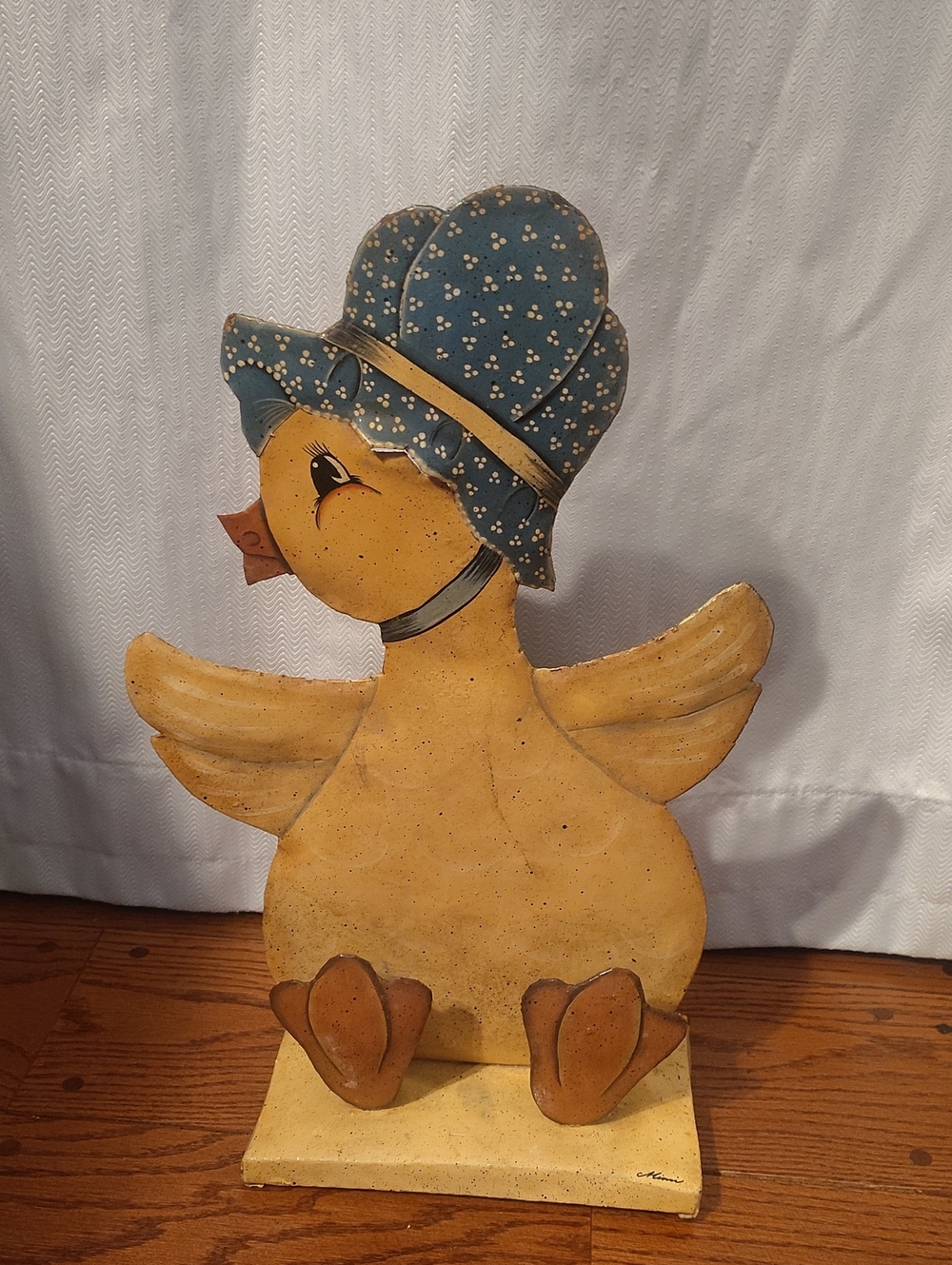 Folk Art Yellow Duck with Blue Polka Dot Bonnet